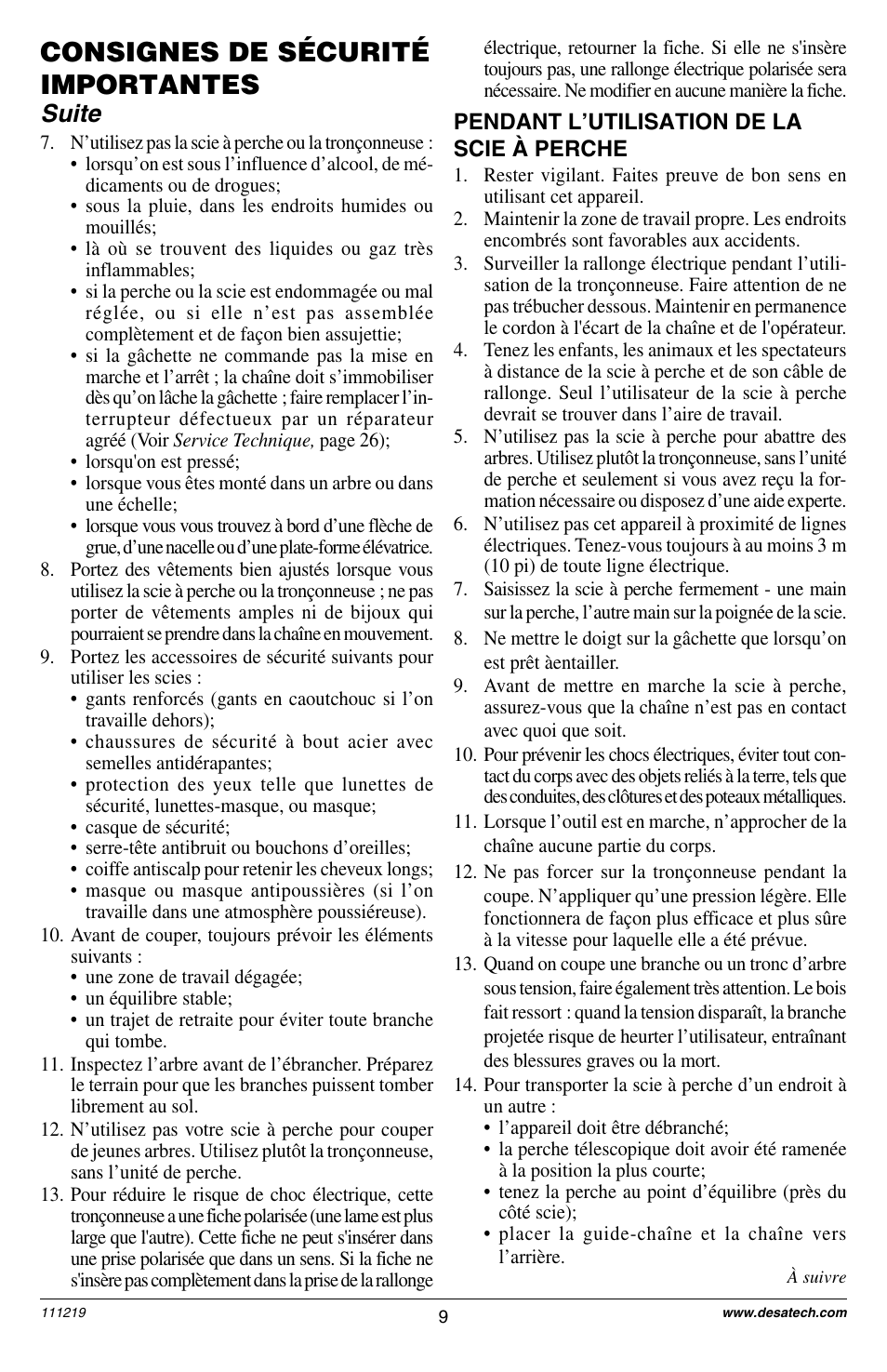 Consignes de sécurité importantes, Suite | Remington RPS2N1: 106821A User Manual | Page 9 / 28