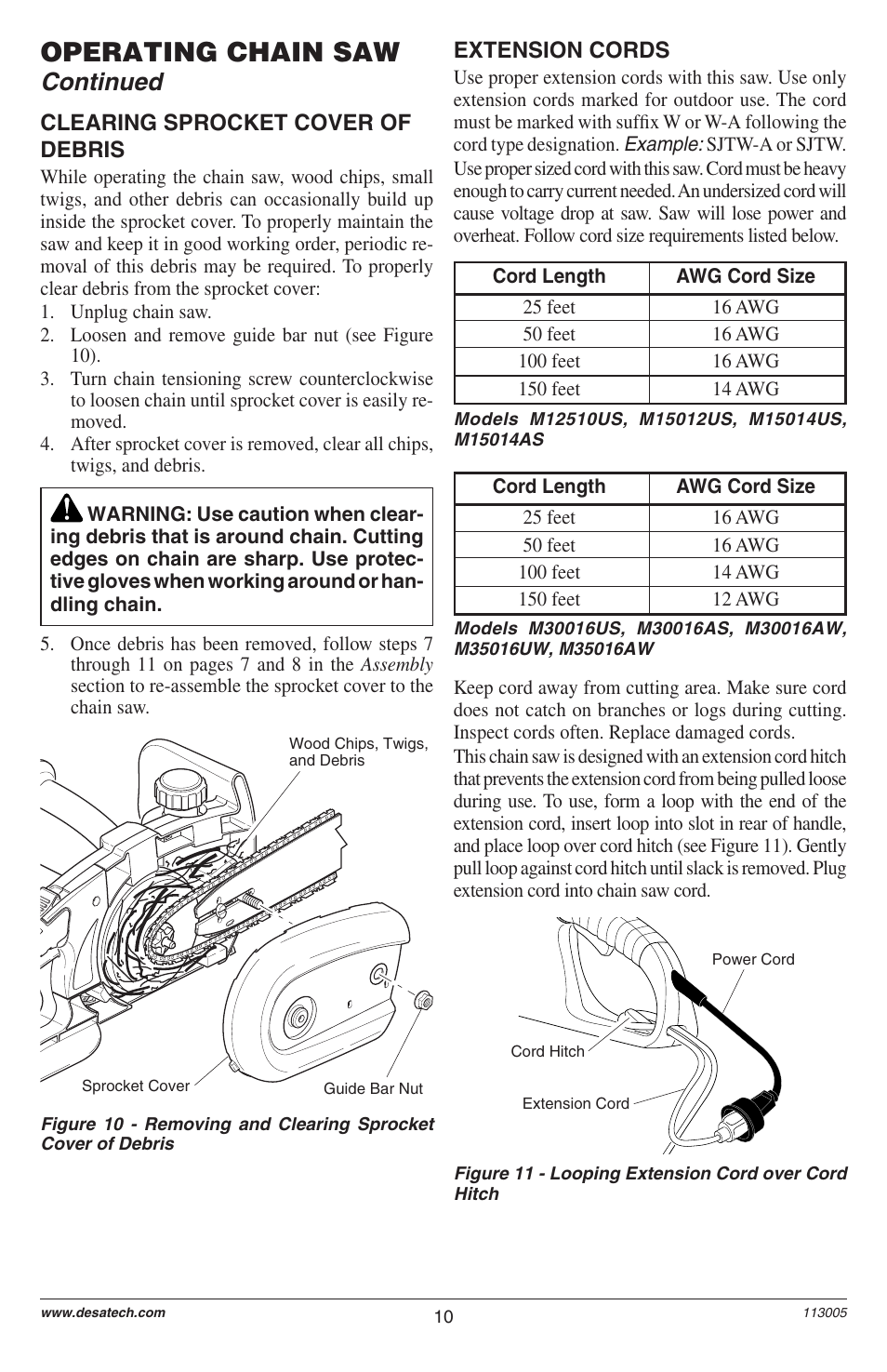 Operating chain saw, Continued, Extension cords | Clearing sprocket cover of debris | Remington M12510US User Manual | Page 12 / 72