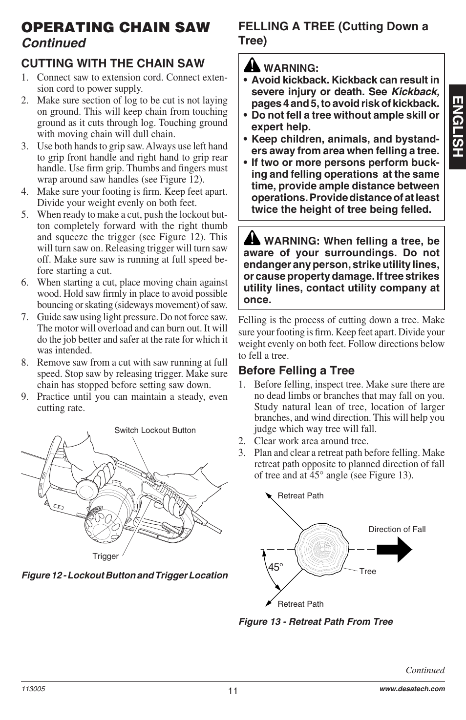 English, Operating chain saw, Continued | Remington M12510US User Manual | Page 13 / 72