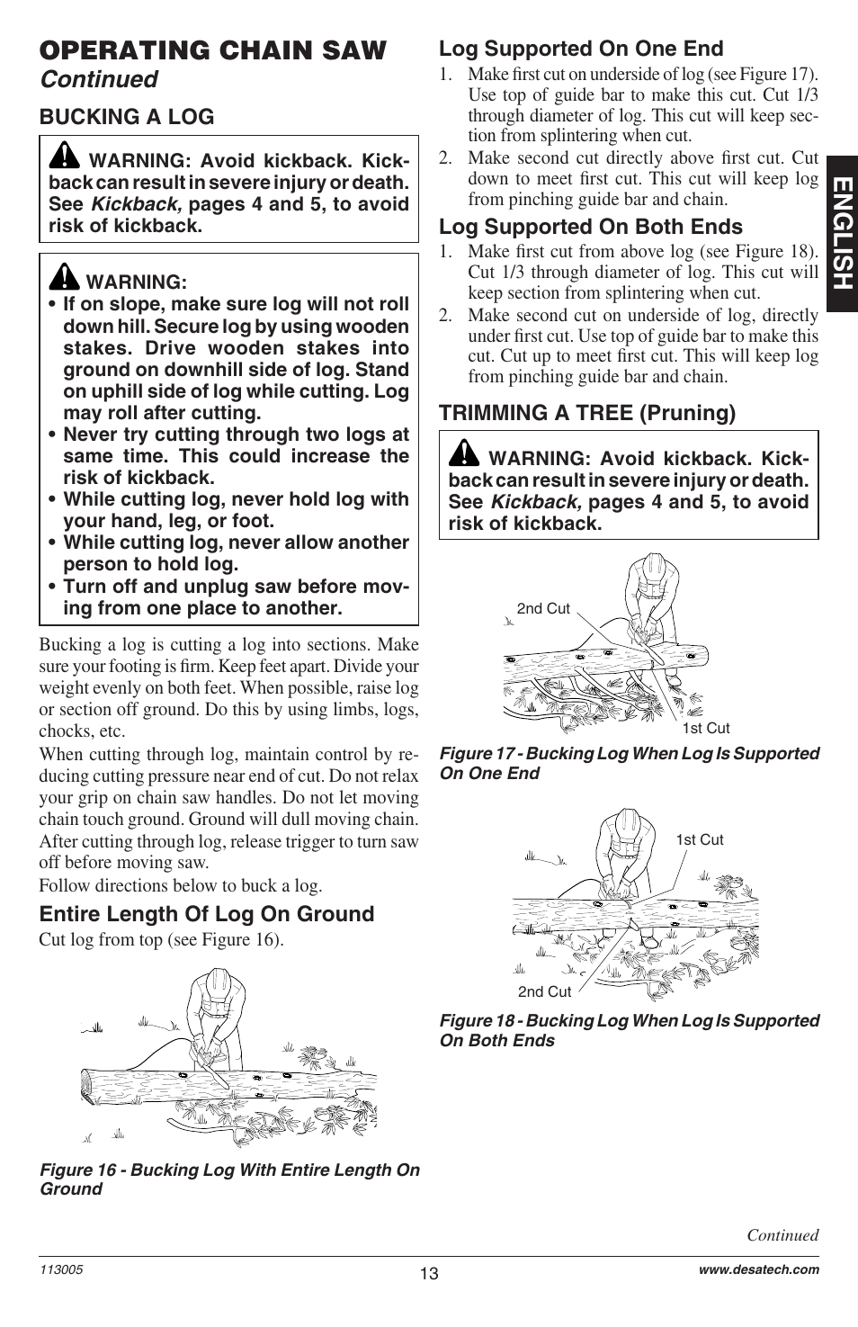 English, Operating chain saw, Continued | Remington M12510US User Manual | Page 15 / 72