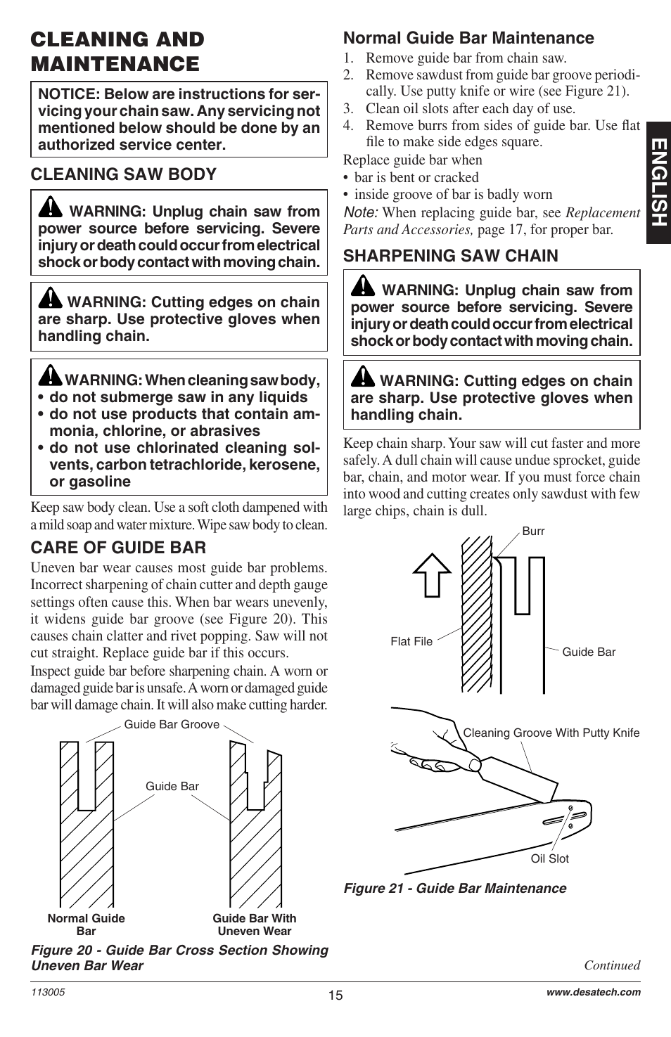English, Cleaning and maintenance, Care of guide bar | Cleaning saw body, Normal guide bar maintenance, Sharpening saw chain | Remington M12510US User Manual | Page 17 / 72