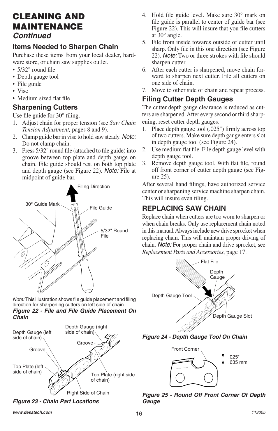 Cleaning and maintenance, Continued, Filing cutter depth gauges | Replacing saw chain, Items needed to sharpen chain, Sharpening cutters | Remington M12510US User Manual | Page 18 / 72