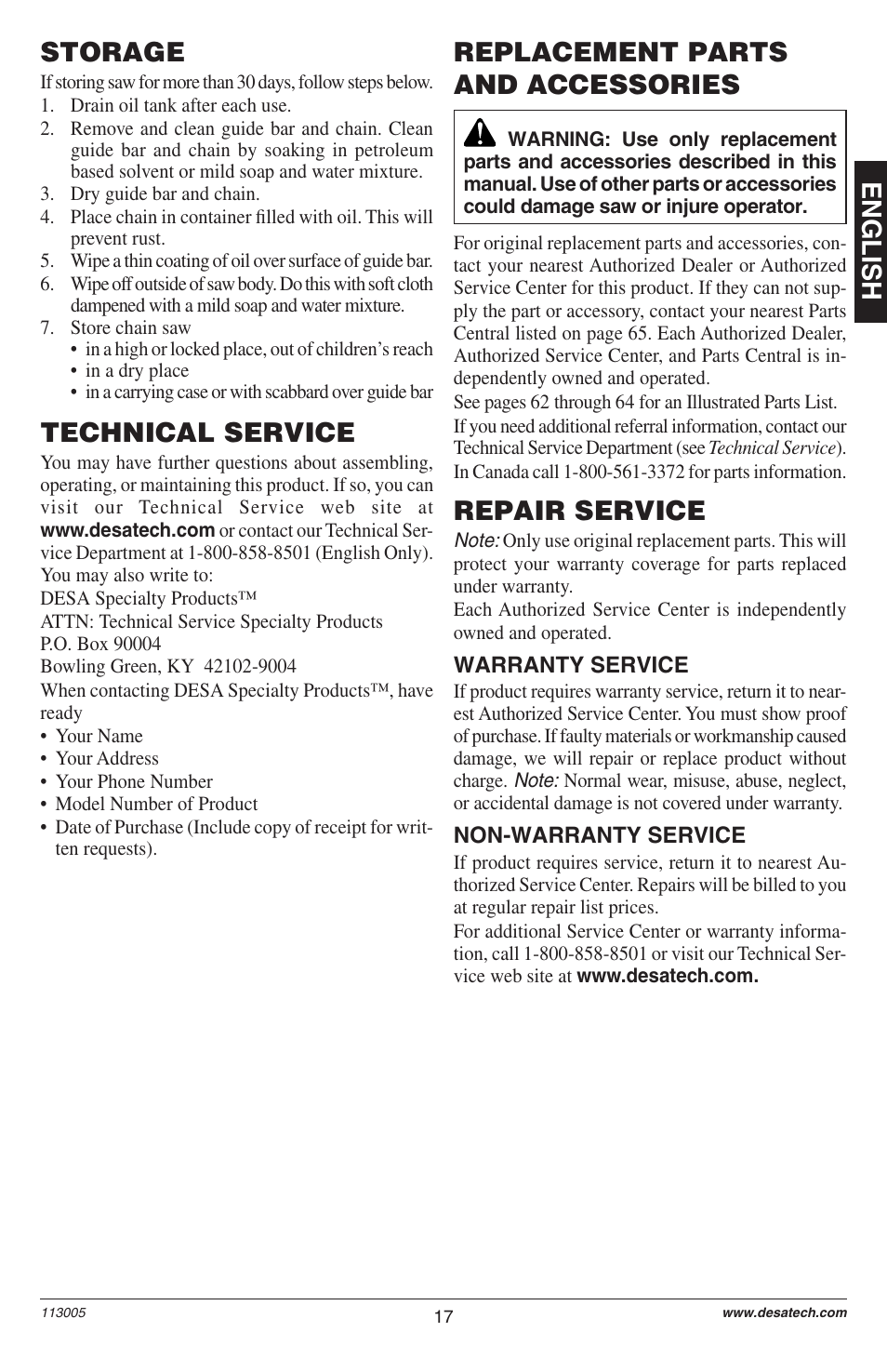 English storage, Technical service, Replacement parts and accessories | Repair service | Remington M12510US User Manual | Page 19 / 72