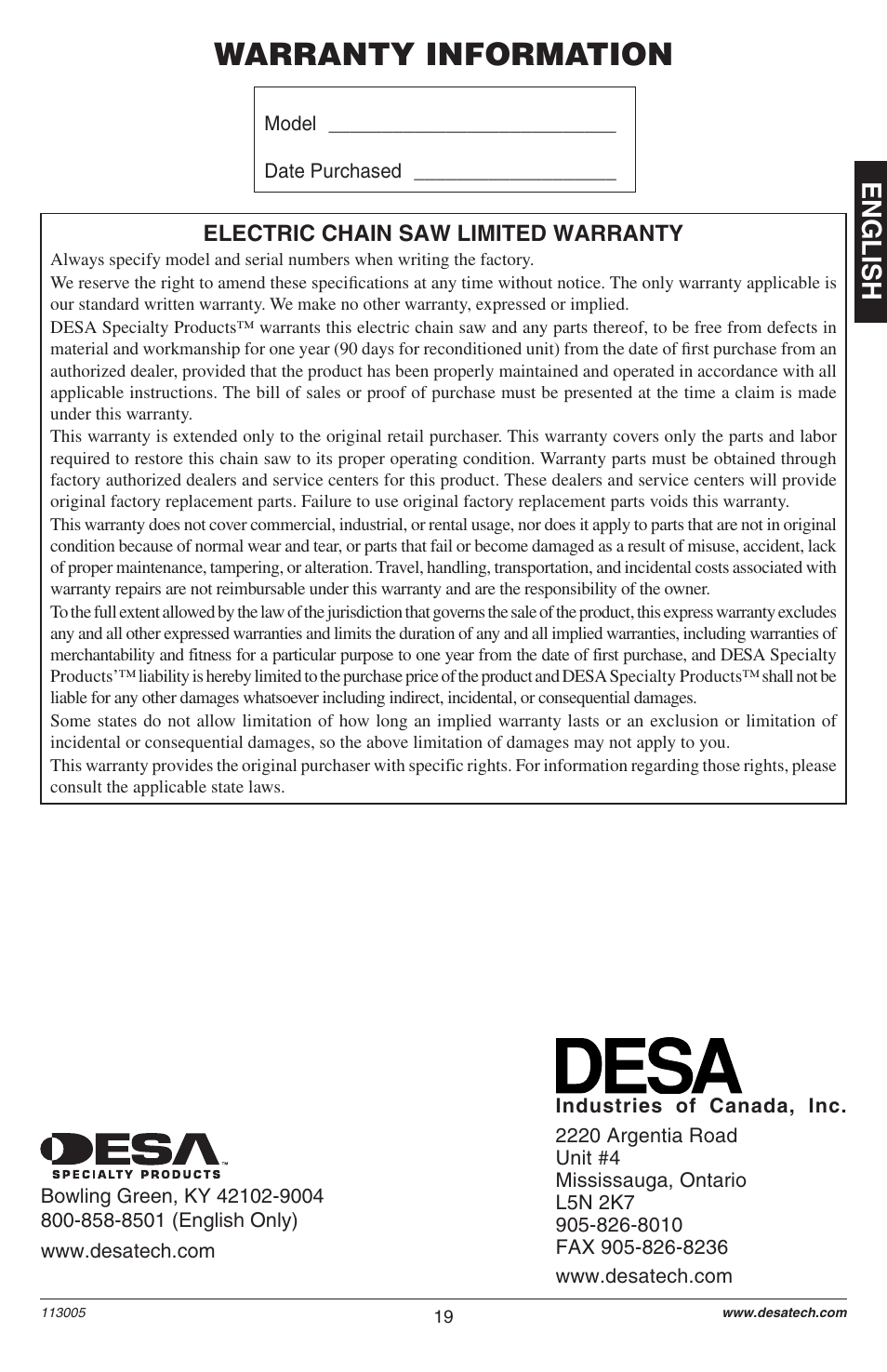 Warranty information, English | Remington M12510US User Manual | Page 21 / 72