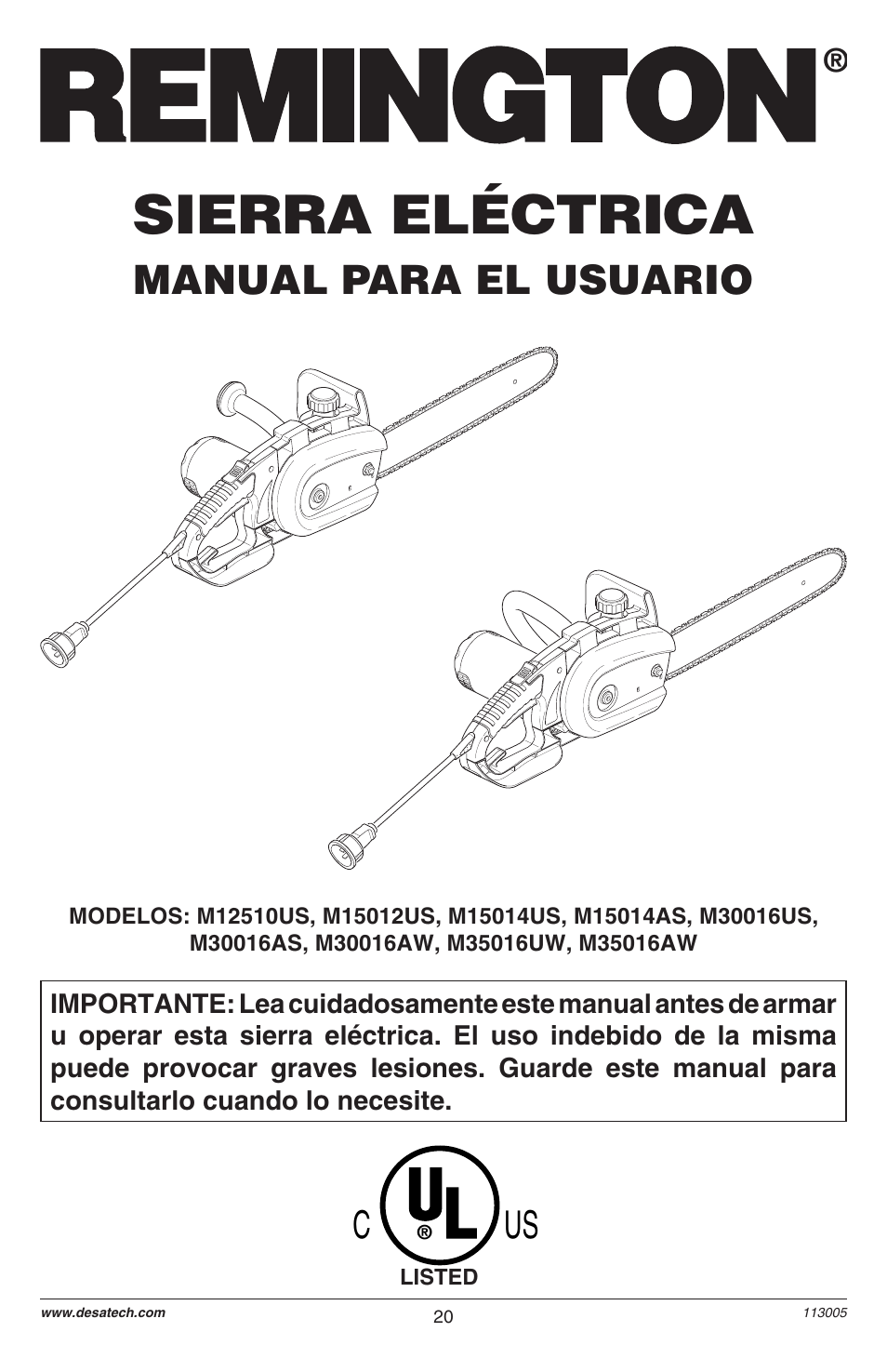 Sierra eléctrica, Manual para el usuario | Remington M12510US User Manual | Page 22 / 72