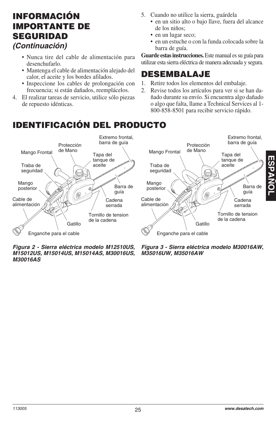 Espa ñ ol, Información importante de seguridad desembalaje, Identificación del producto | Continuación) | Remington M12510US User Manual | Page 27 / 72