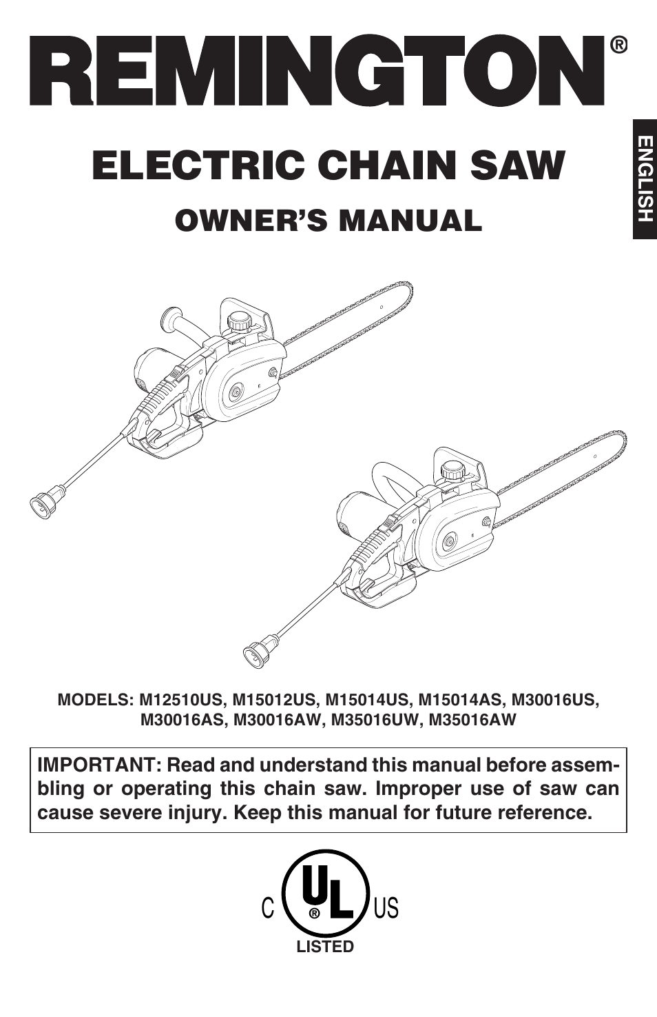 Electric chain saw, Owner’s manual | Remington M12510US User Manual | Page 3 / 72