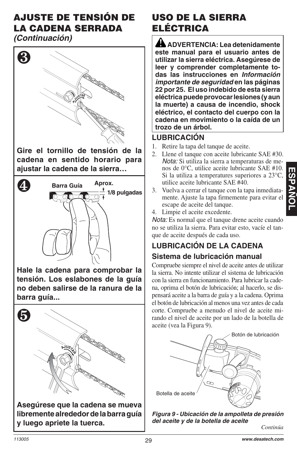 Espa ñ ol, Ajuste de tensión de la cadena serrada, Uso de la sierra eléctrica | Continuación) | Remington M12510US User Manual | Page 31 / 72
