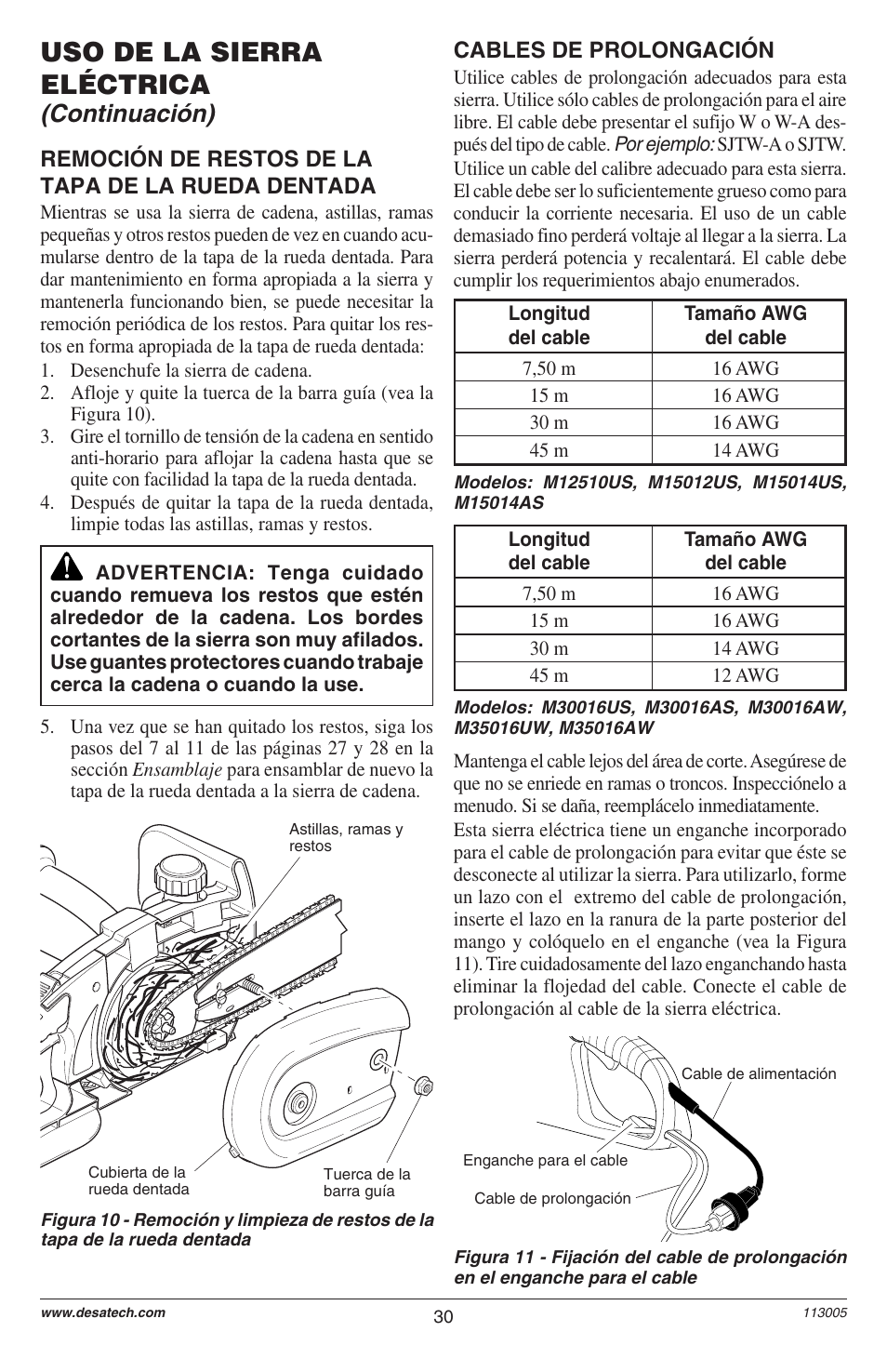Uso de la sierra eléctrica, Continuación), Cables de prolongación | Remoción de restos de la tapa de la rueda dentada | Remington M12510US User Manual | Page 32 / 72