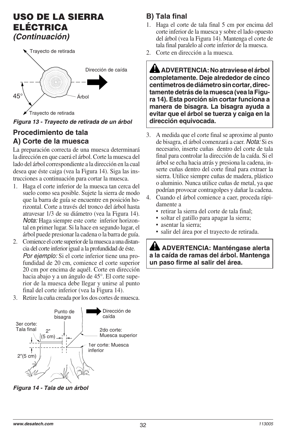 Uso de la sierra eléctrica, Continuación), Procedimiento de tala a) corte de la muesca | B) tala final | Remington M12510US User Manual | Page 34 / 72
