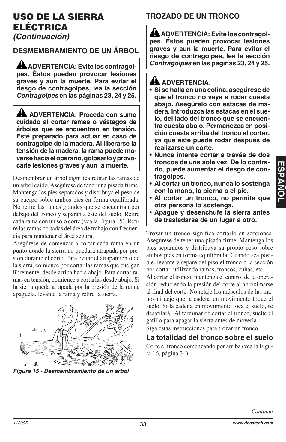 Espa ñ ol uso de la sierra eléctrica, Continuación) | Remington M12510US User Manual | Page 35 / 72
