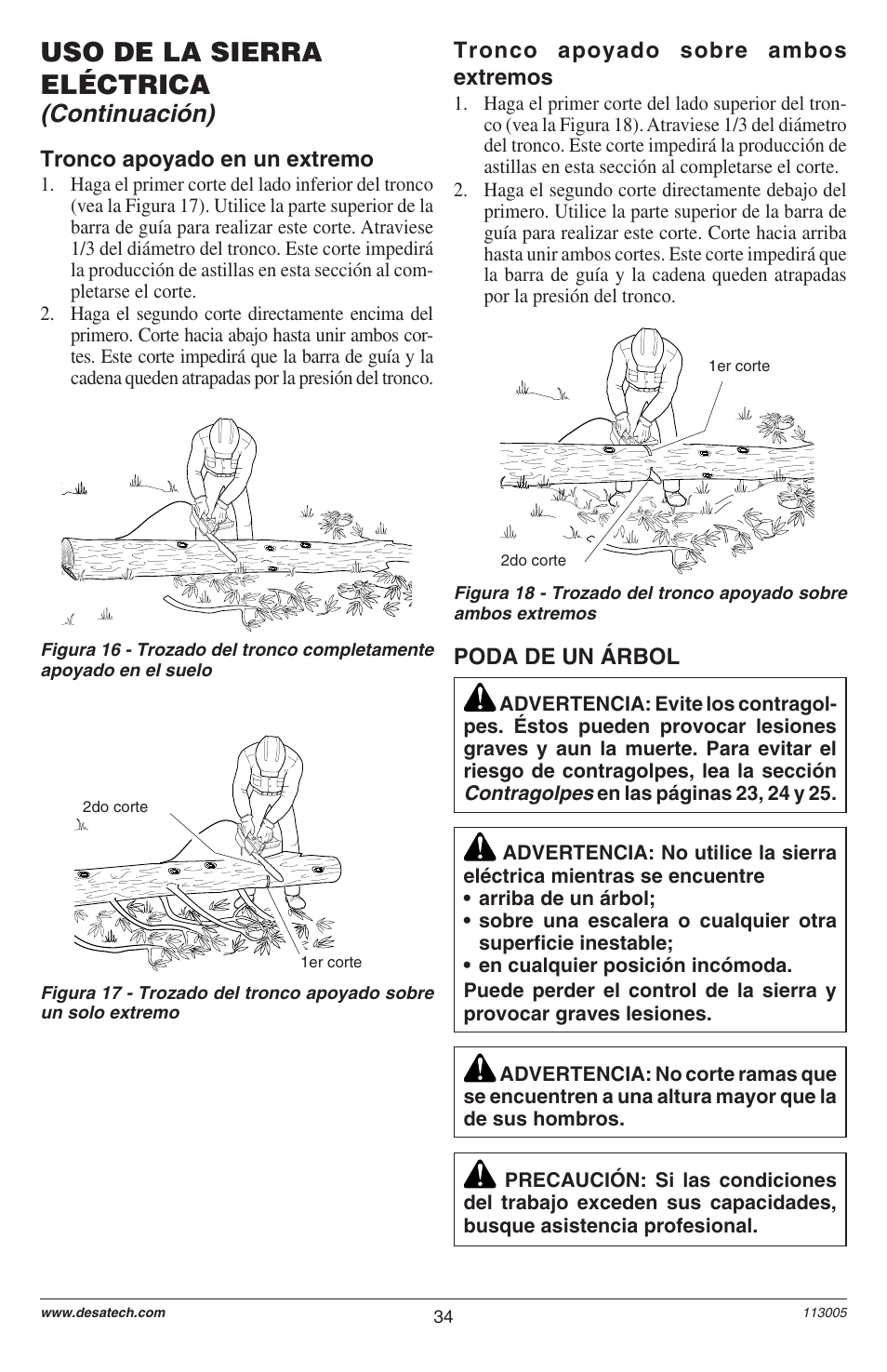 Uso de la sierra eléctrica, Continuación), Poda de un árbol | Tronco apoyado en un extremo, Tronco apoyado sobre ambos extremos | Remington M12510US User Manual | Page 36 / 72