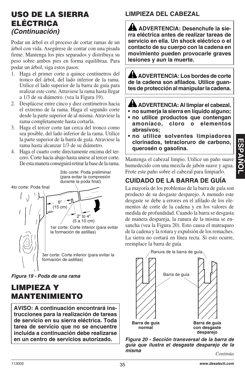 Espa ñ ol, Uso de la sierra eléctrica, Limpieza y mantenimiento | Continuación), Limpieza del cabezal, Cuidado de la barra de guía | Remington M12510US User Manual | Page 37 / 72