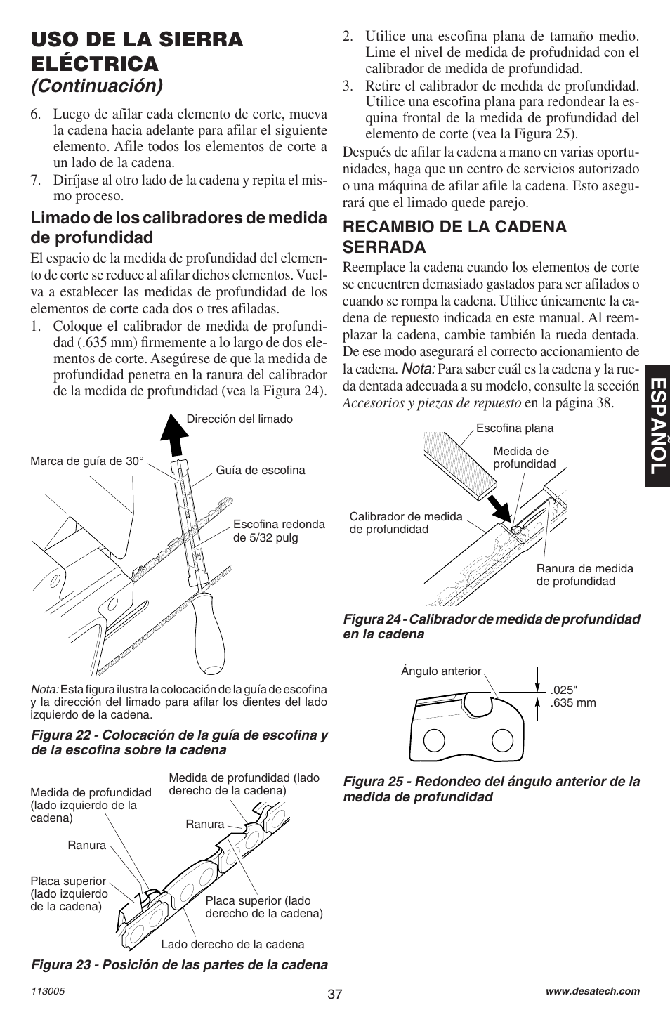 Espa ñ ol, Uso de la sierra eléctrica, Continuación) | Recambio de la cadena serrada | Remington M12510US User Manual | Page 39 / 72
