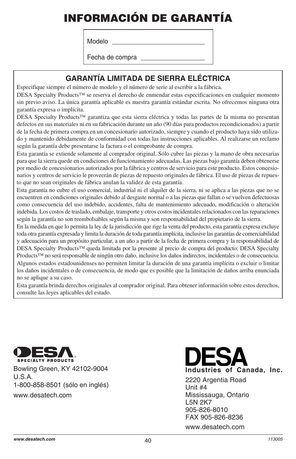 Información de garantía | Remington M12510US User Manual | Page 42 / 72