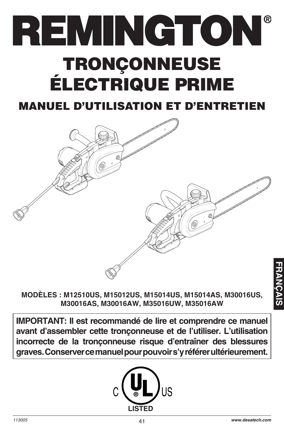 Tronçonneuse électrique prime, Manuel d’utilisation et d’entretien | Remington M12510US User Manual | Page 43 / 72