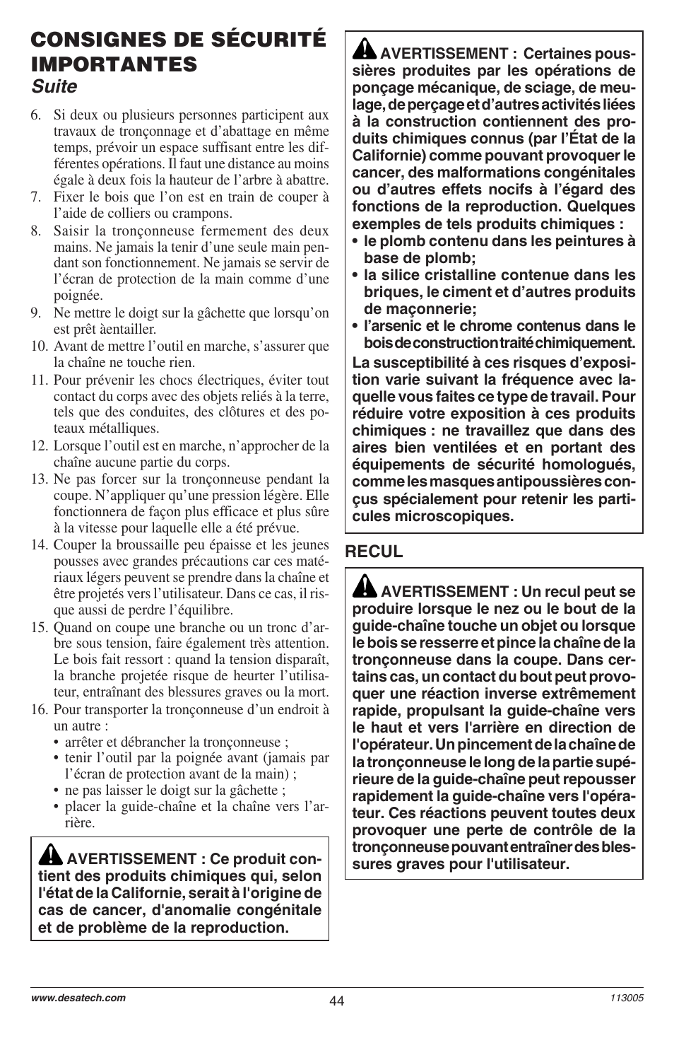 Consignes de sécurité importantes, Suite | Remington M12510US User Manual | Page 46 / 72