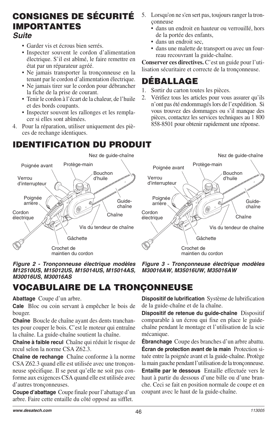 Consignes de sécurité importantes, Identification du produit déballage, Vocabulaire de la tronçonneuse | Suite | Remington M12510US User Manual | Page 48 / 72