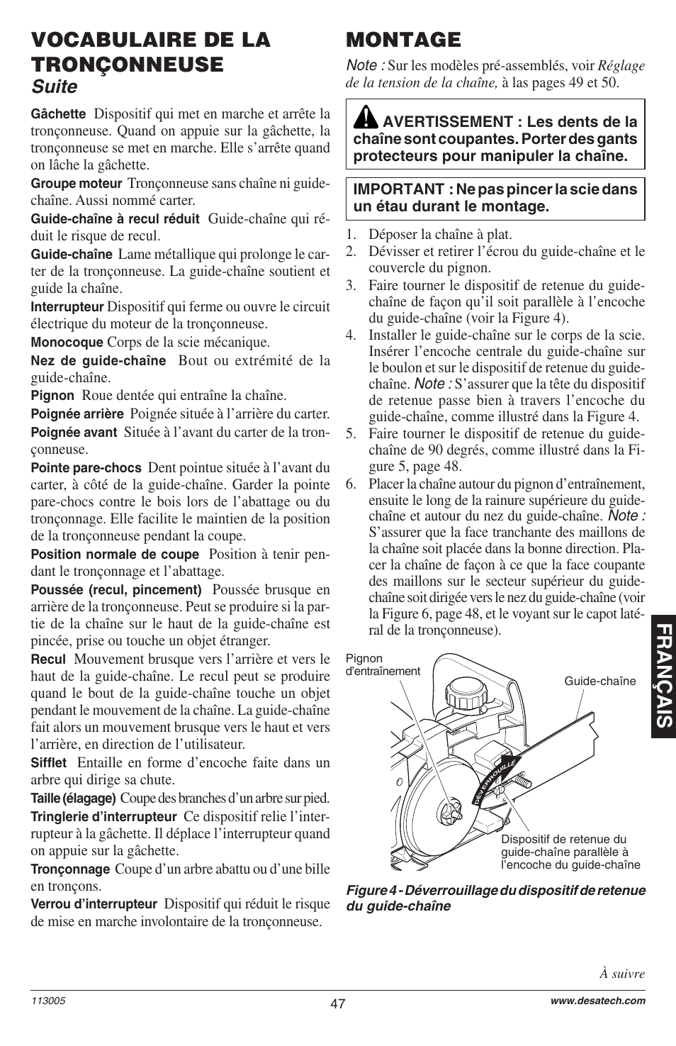 Français, Vocabulaire de la tronçonneuse, Montage | Suite | Remington M12510US User Manual | Page 49 / 72