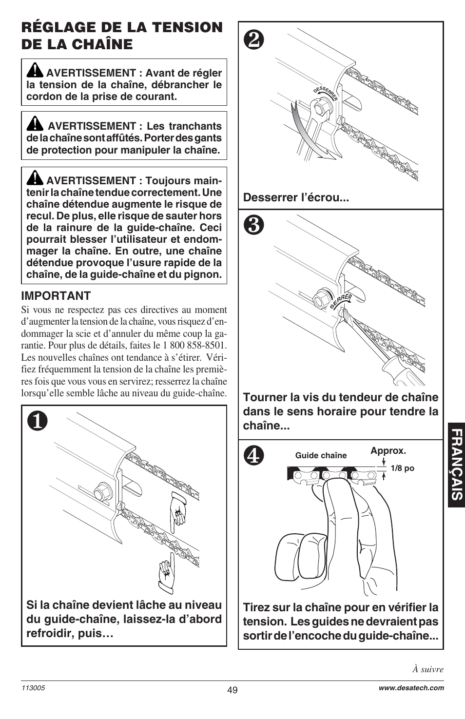 Français réglage de la tension de la chaîne | Remington M12510US User Manual | Page 51 / 72