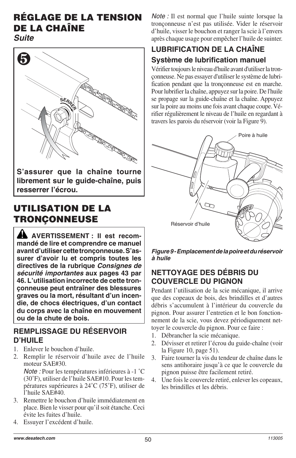 Réglage de la tension de la chaîne, Utilisation de la tronçonneuse, Suite | Remington M12510US User Manual | Page 52 / 72