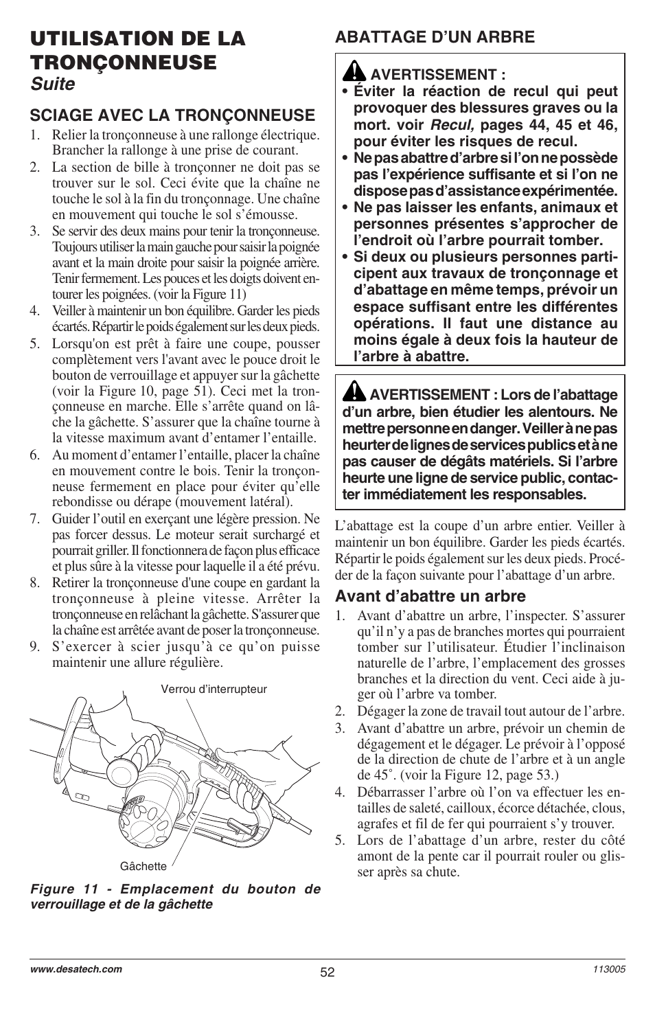 Utilisation de la tronçonneuse, Suite | Remington M12510US User Manual | Page 54 / 72