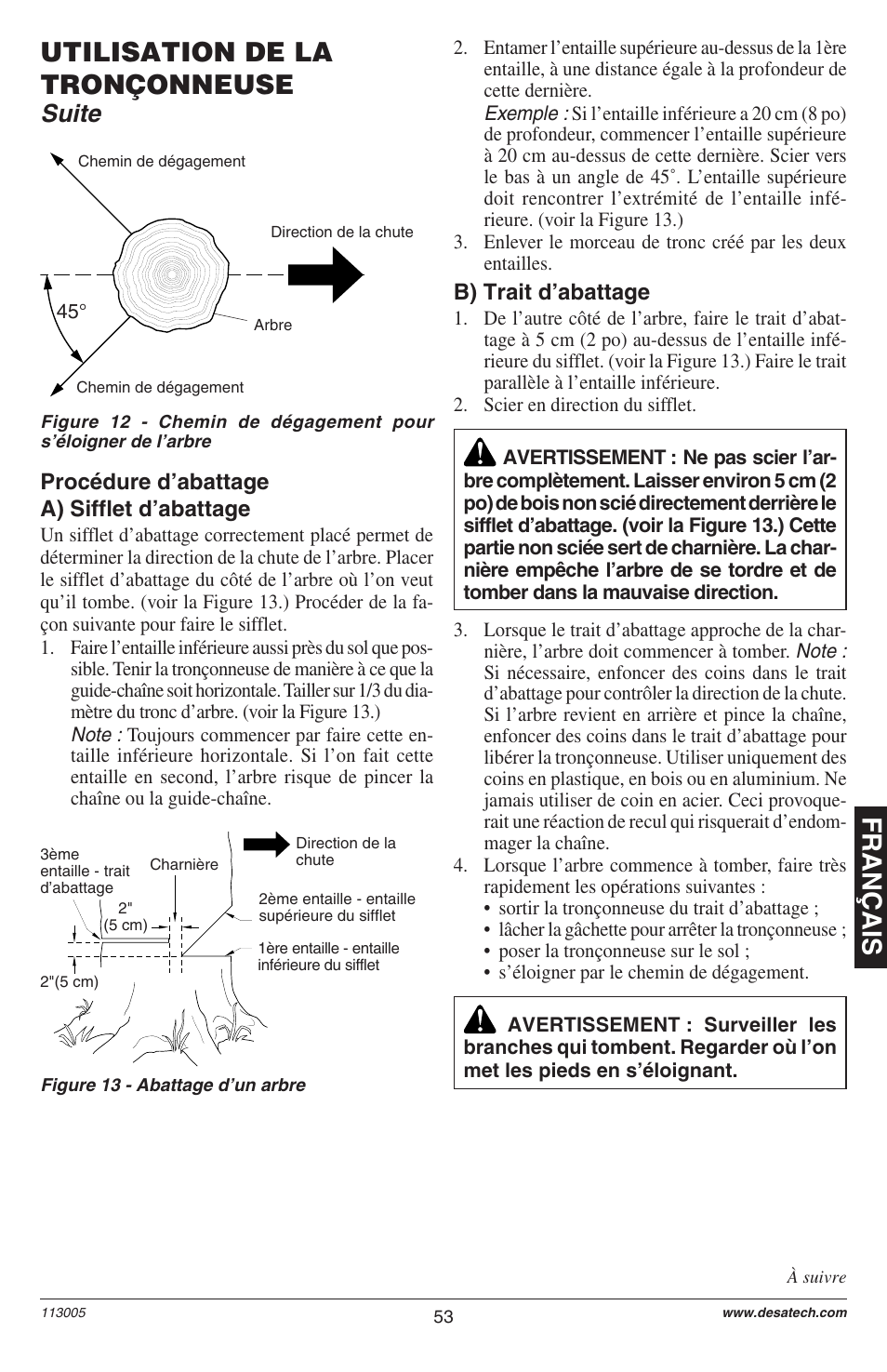 Français utilisation de la tronçonneuse, Suite, Procédure d’abattage a) sifflet d’abattage | B) trait d’abattage | Remington M12510US User Manual | Page 55 / 72