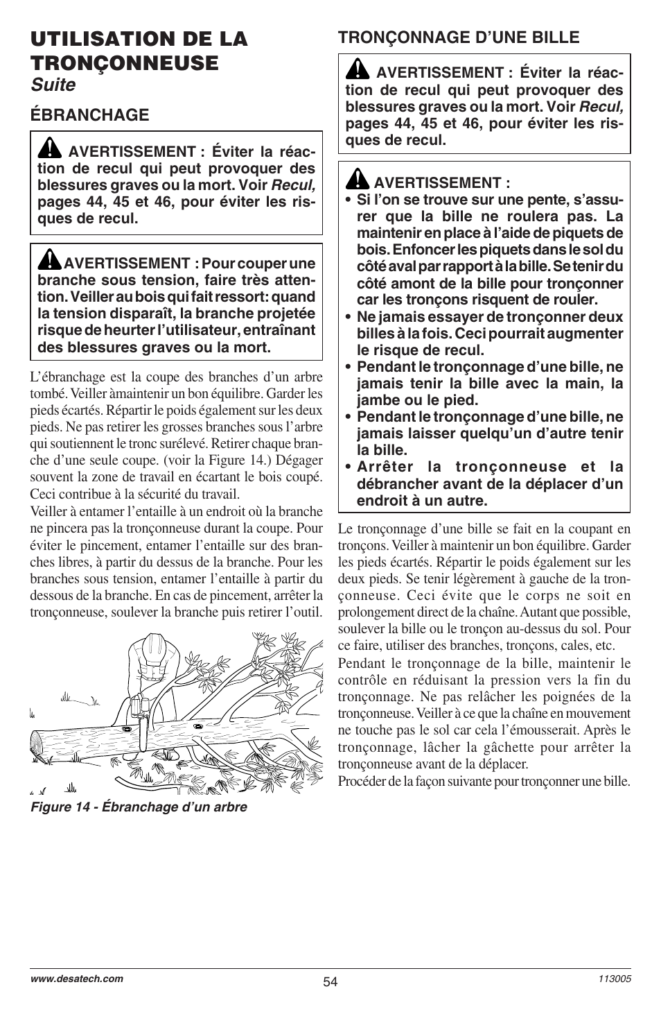 Utilisation de la tronçonneuse, Suite | Remington M12510US User Manual | Page 56 / 72
