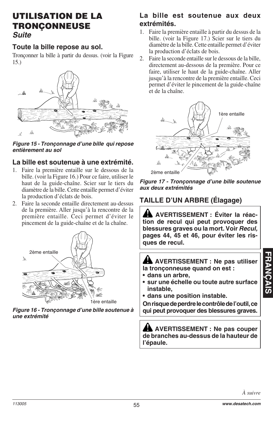 Français utilisation de la tronçonneuse, Suite | Remington M12510US User Manual | Page 57 / 72