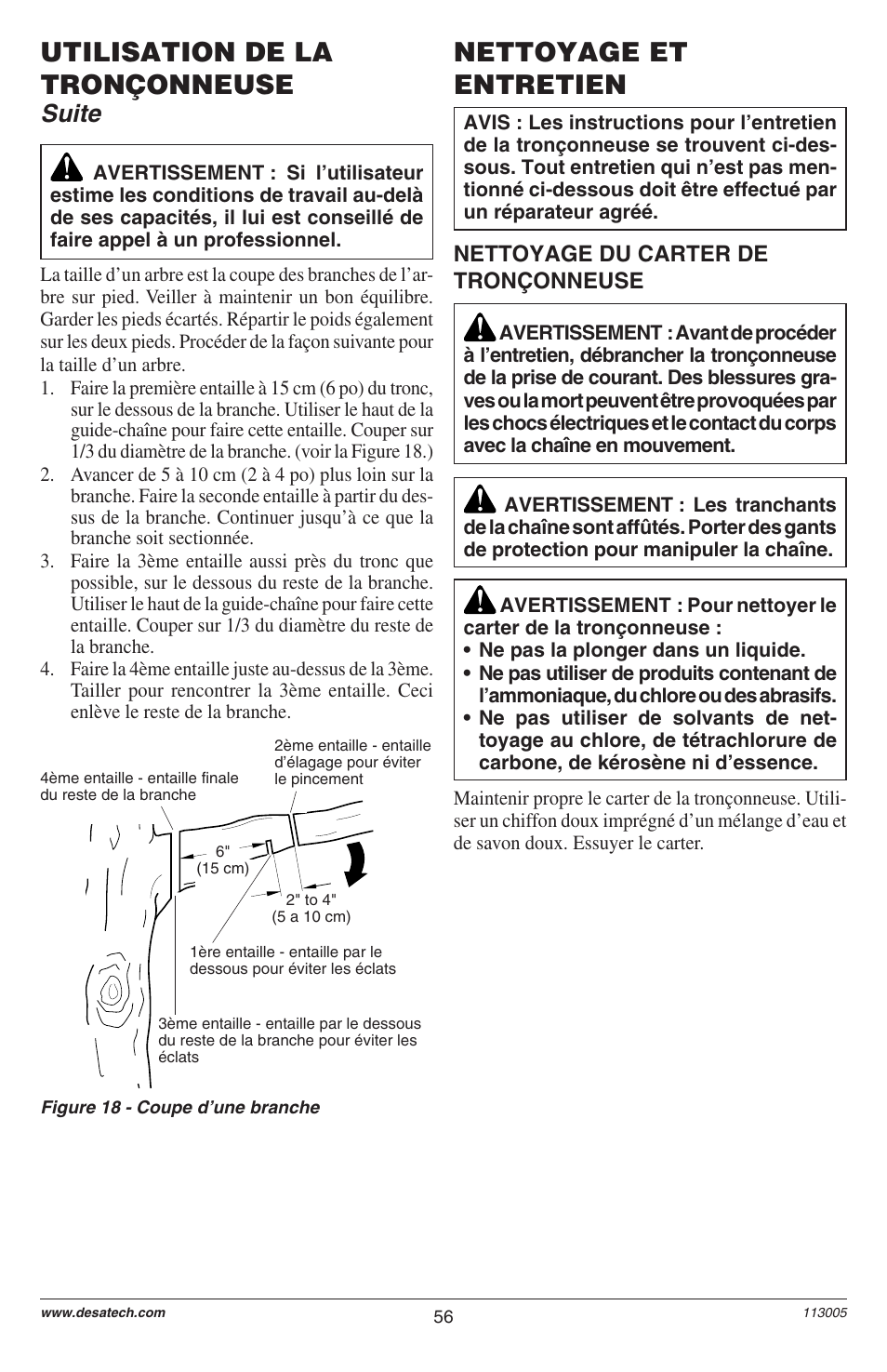 Utilisation de la tronçonneuse, Nettoyage et entretien, Suite | Nettoyage du carter de tronçonneuse | Remington M12510US User Manual | Page 58 / 72