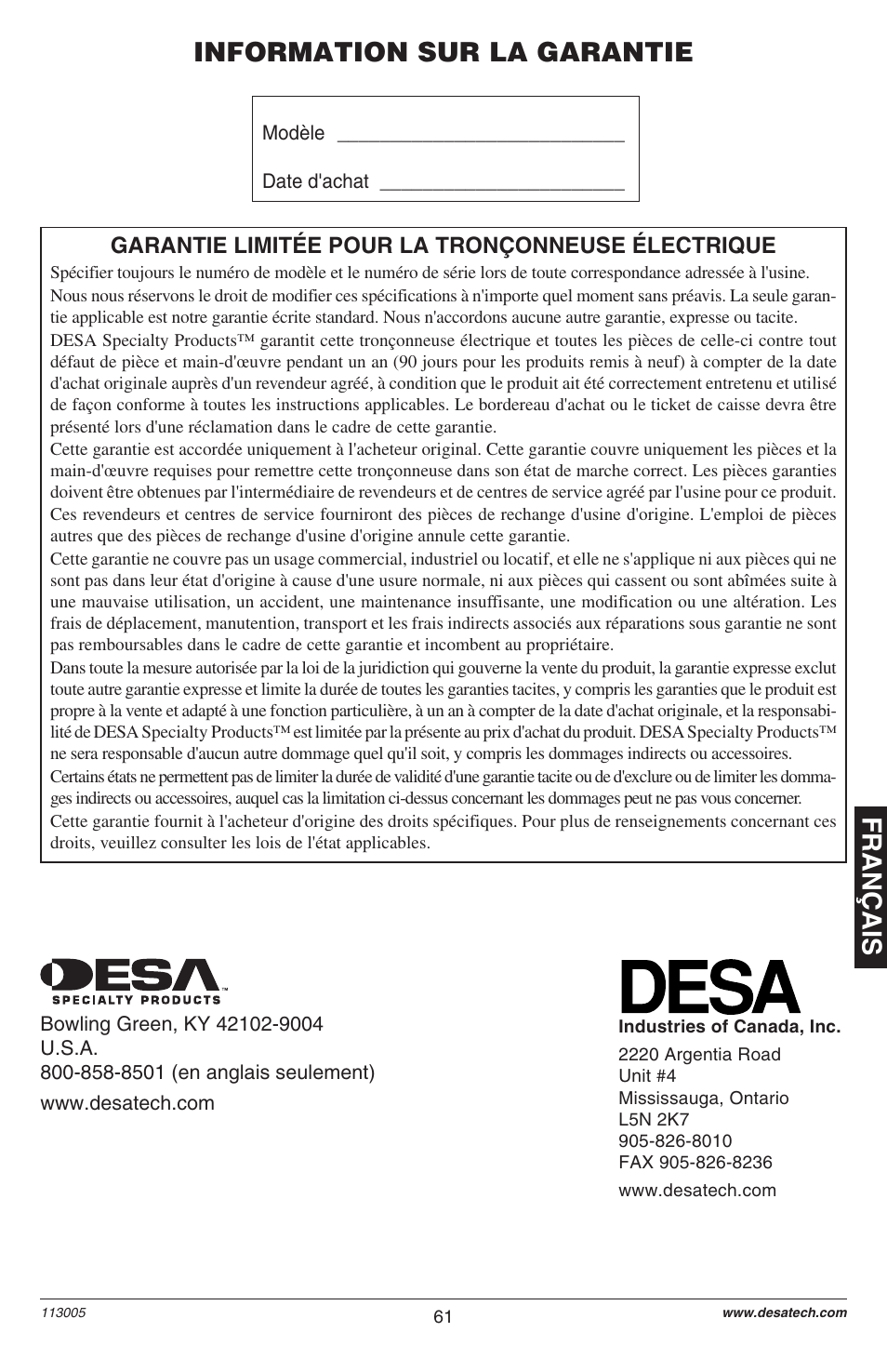 Français information sur la garantie, Garantie limitée pour la tronçonneuse électrique | Remington M12510US User Manual | Page 63 / 72
