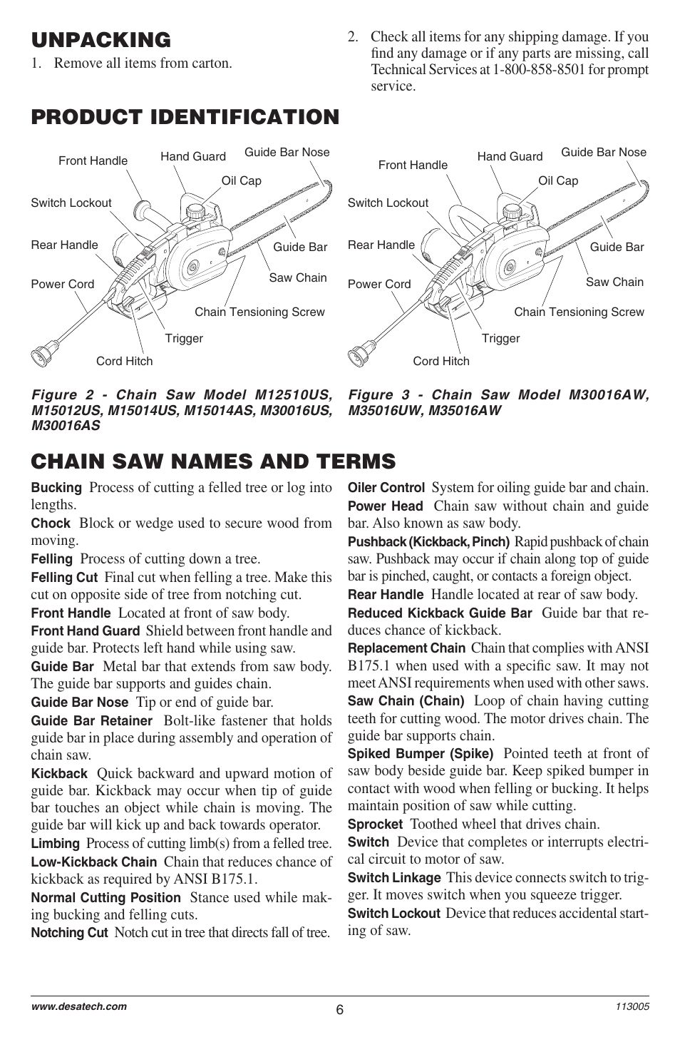 Product identification, Unpacking, Chain saw names and terms | Remington M12510US User Manual | Page 8 / 72