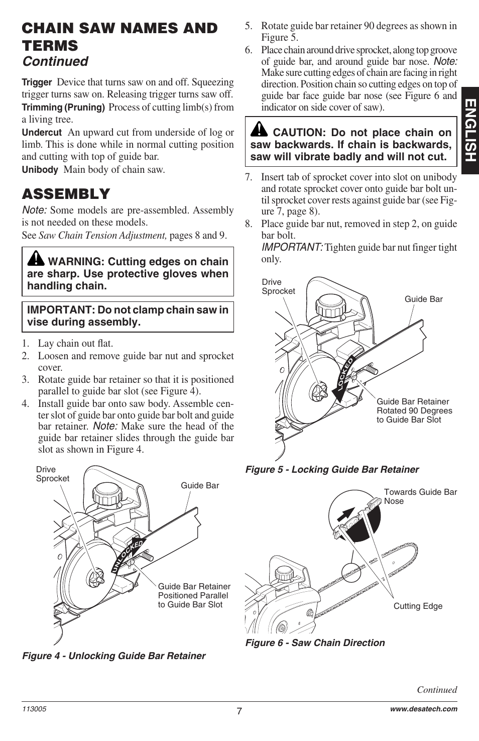 English assembly, Chain saw names and terms, Continued | Important | Remington M12510US User Manual | Page 9 / 72