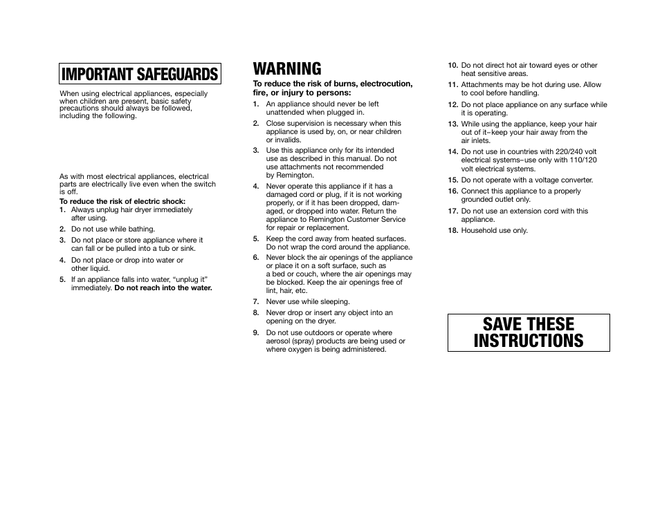 Save these instructions, Important safeguards, Warning | Danger | Remington D-3200N User Manual | Page 2 / 7