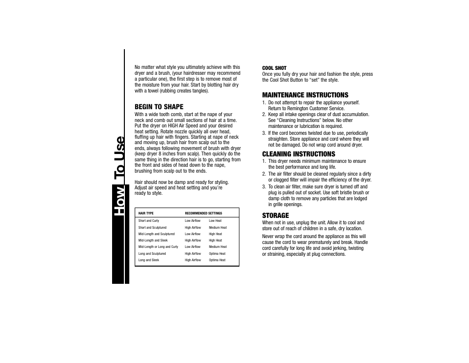 How t o use, Begin to shape, Maintenance instructions | Cleaning instructions, Storage | Remington D-3200N User Manual | Page 5 / 7