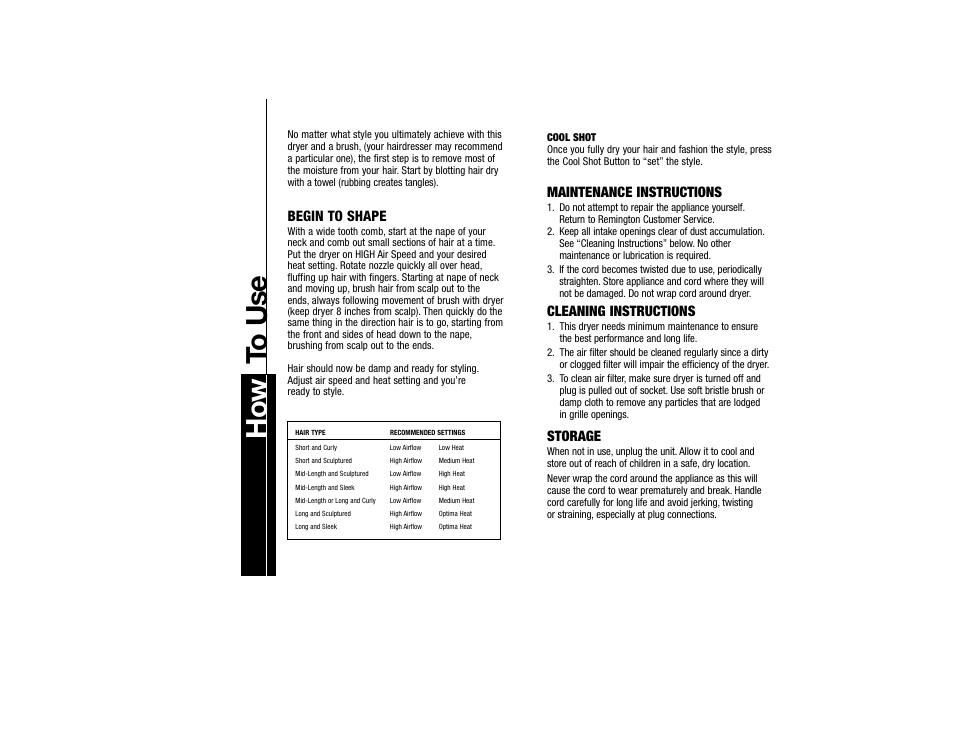 How t o use, Begin to shape, Maintenance instructions | Cleaning instructions, Storage | Remington D-3200N User Manual | Page 6 / 7