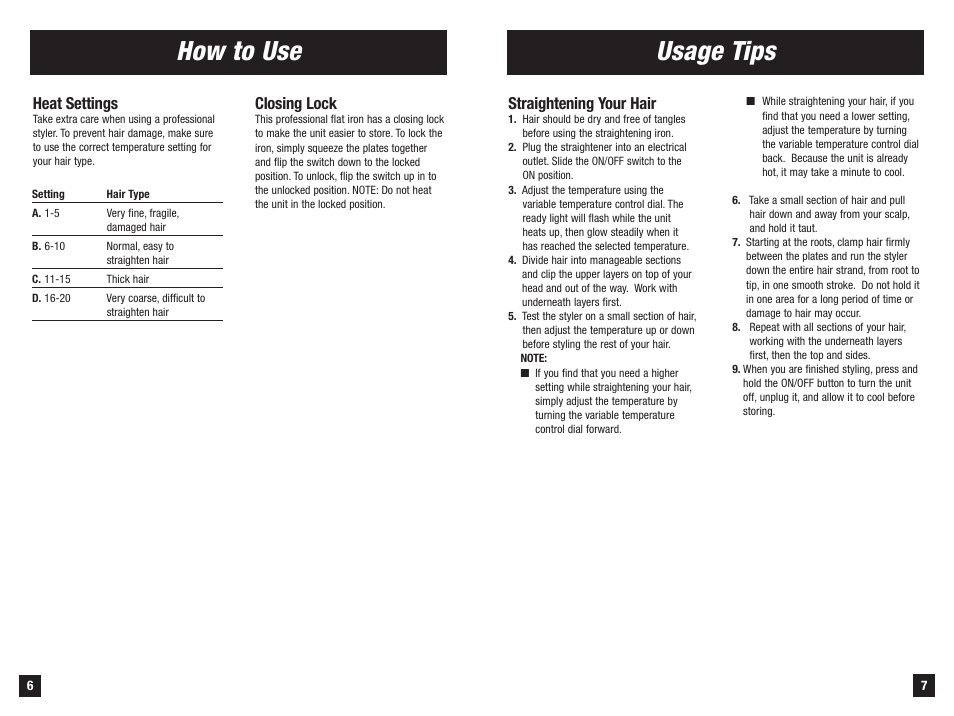 How to use usage tips, Closing lock, Heat settings | Straightening your hair | Remington S-1004 User Manual | Page 4 / 7