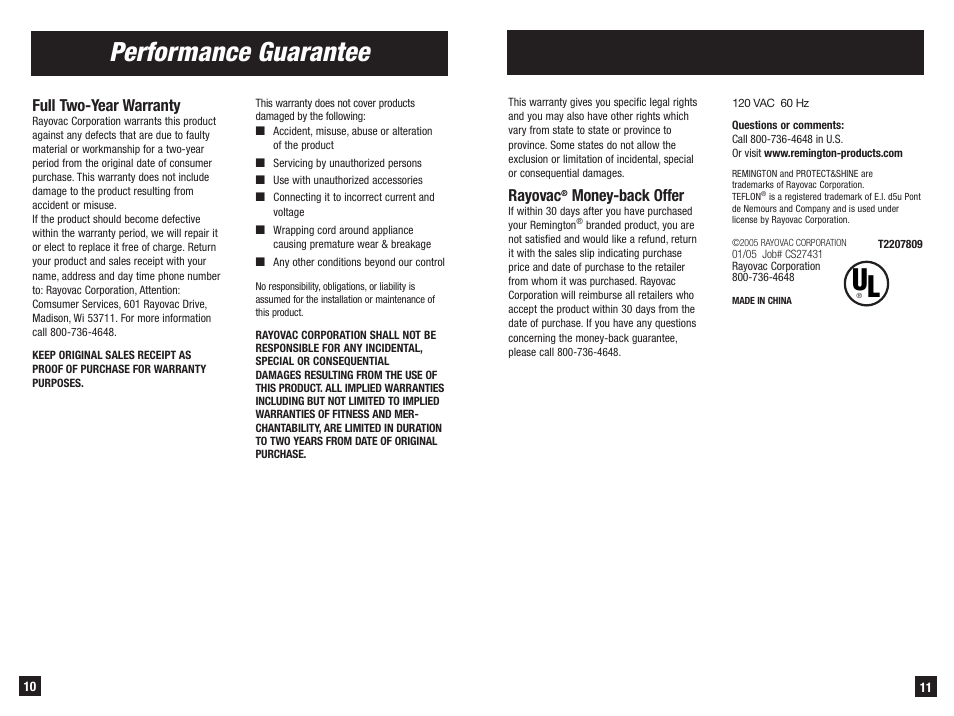 Performance guarantee, Full two-year warranty, Rayovac | Money-back offer | Remington S-1004 User Manual | Page 6 / 7