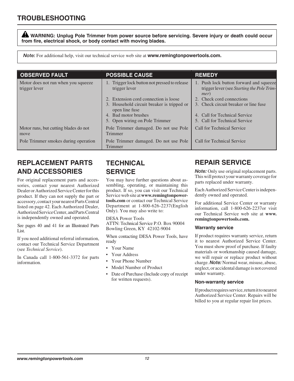 Troubleshooting, Repair service, Technical service | Replacement parts and accessories | Remington Axcess AT3017B User Manual | Page 12 / 44