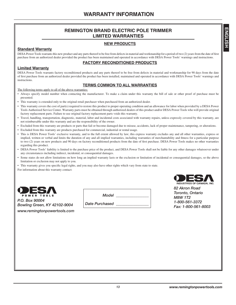 Warranty information, English | Remington Axcess AT3017B User Manual | Page 13 / 44