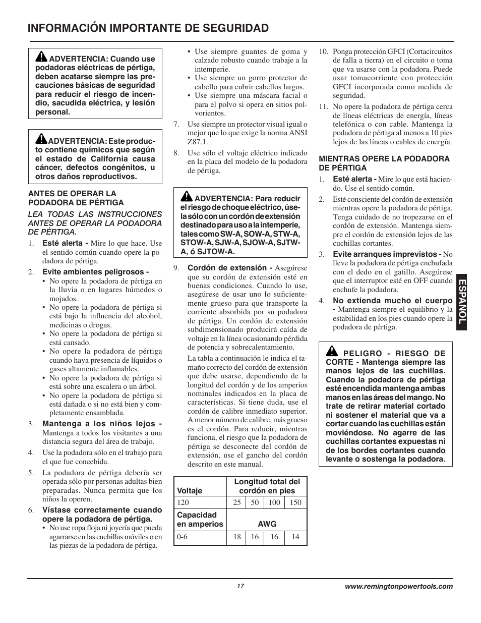 Información importante de seguridad | Remington Axcess AT3017B User Manual | Page 17 / 44