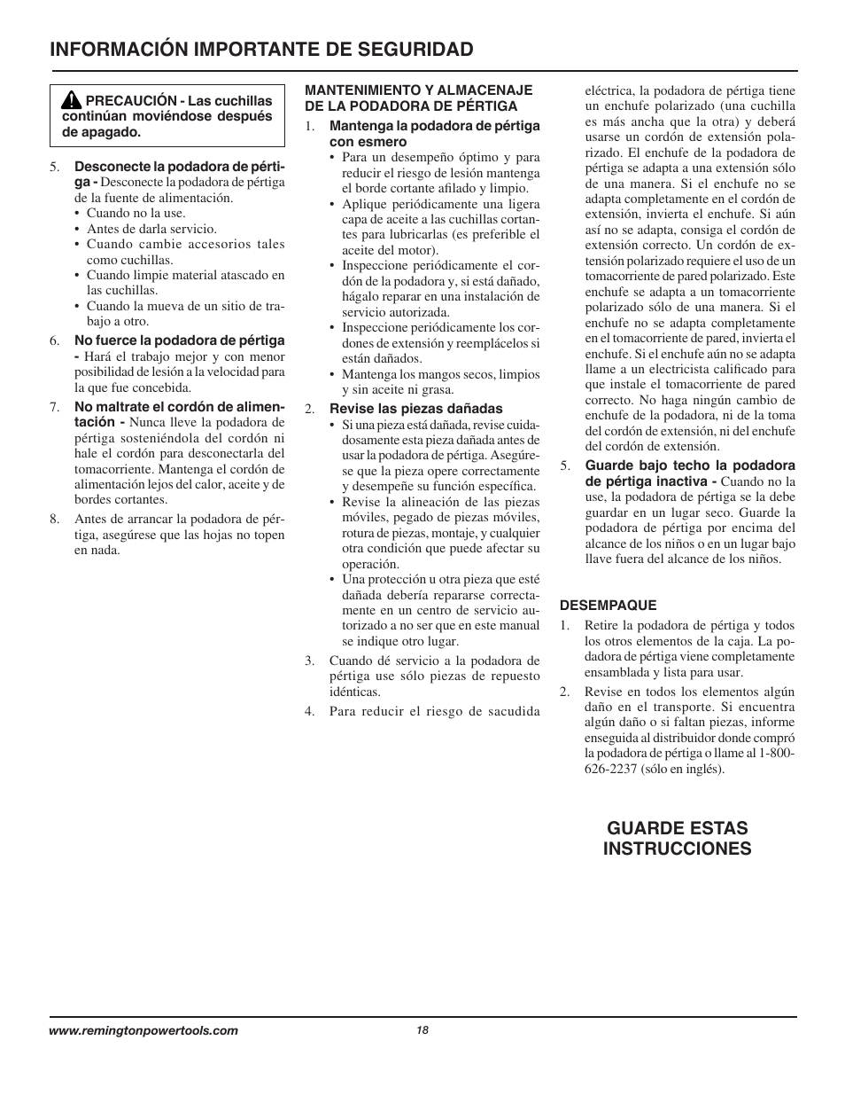 Información importante de seguridad, Guarde estas instrucciones | Remington Axcess AT3017B User Manual | Page 18 / 44