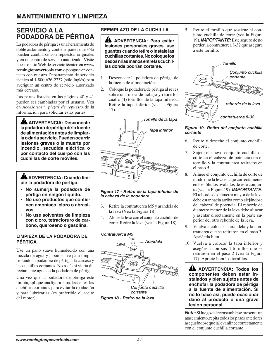 Mantenimiento y limpieza, Servicio a la podadora de pértiga | Remington Axcess AT3017B User Manual | Page 24 / 44