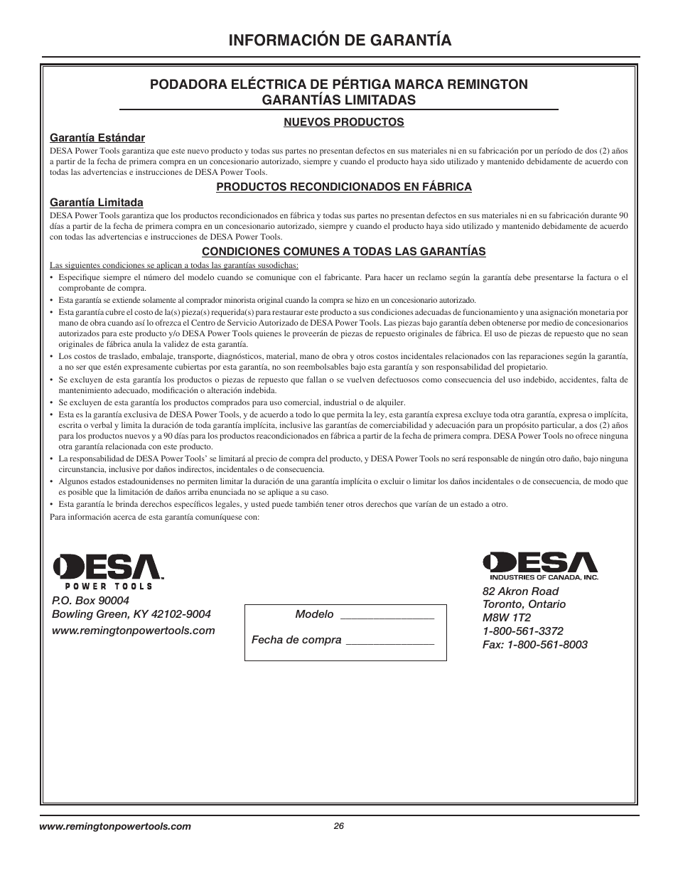 Información de garantía | Remington Axcess AT3017B User Manual | Page 26 / 44