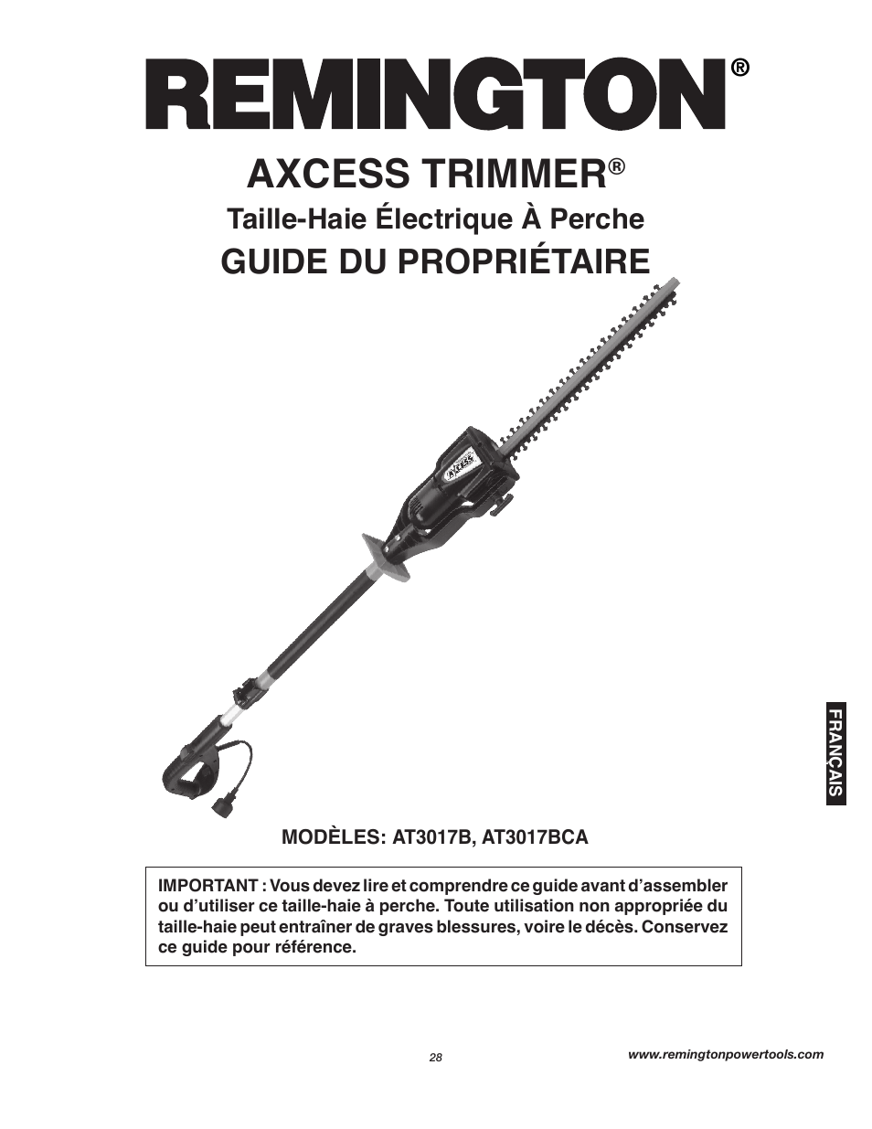 Axcess trimmer, Guide du propriétaire, Taille-haie électrique à perche | Remington Axcess AT3017B User Manual | Page 28 / 44