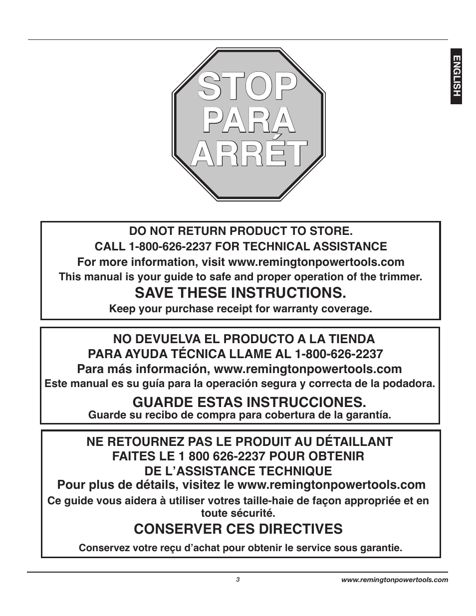 Stop, Arrét, Para | Remington Axcess AT3017B User Manual | Page 3 / 44