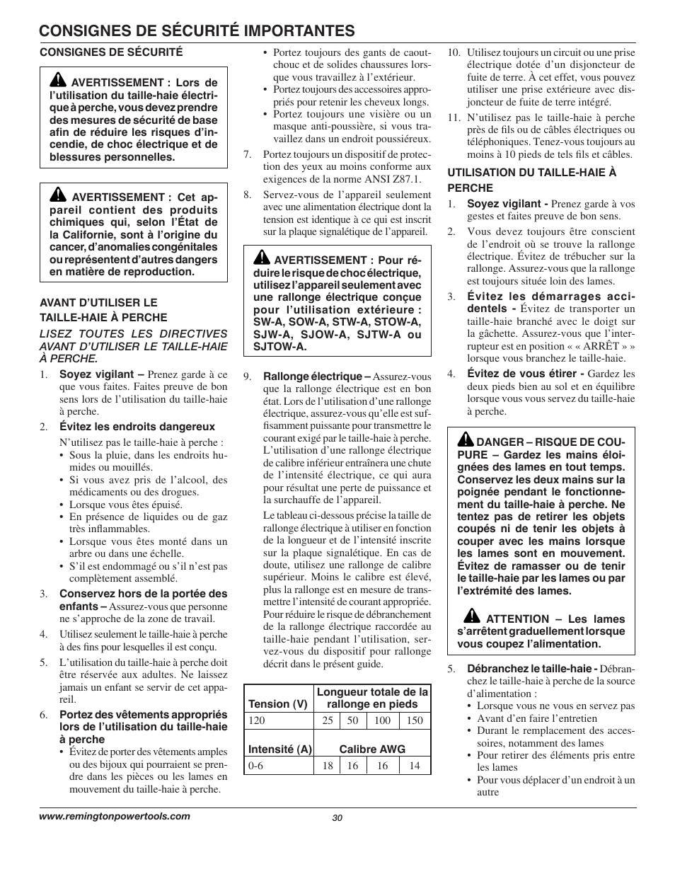 Consignes de sécurité importantes | Remington Axcess AT3017B User Manual | Page 30 / 44