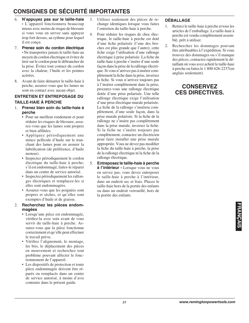 Consignes de sécurité importantes, Conservez ces directives | Remington Axcess AT3017B User Manual | Page 31 / 44