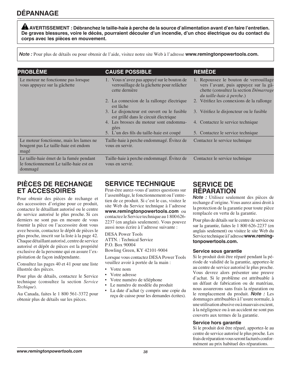 Service de réparation, Service technique, Dépannage | Pièces de rechange et accessoires | Remington Axcess AT3017B User Manual | Page 38 / 44