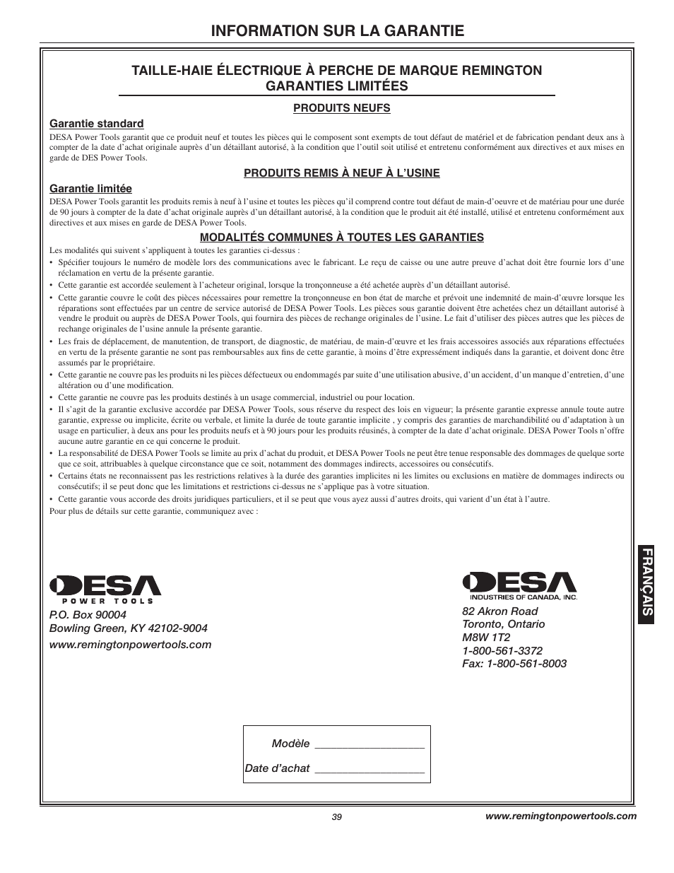 Information sur la garantie, Français | Remington Axcess AT3017B User Manual | Page 39 / 44